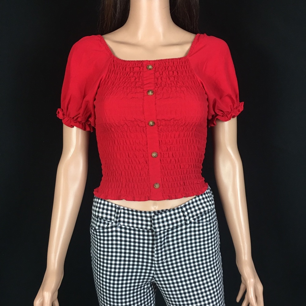 Red Ruffled Square Neck Puff Sleeve Top - Picture 5 of 9
